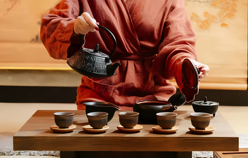 Chiński rytuał parzenia herbaty oolong i pu-erh w czajniczku żeliwnym